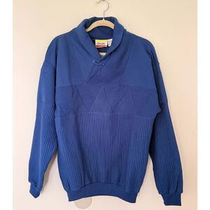 Cotler Bengal Kamikaze VTG Blue Geometric Korea Knit Shawl Collar Pullover Sz L